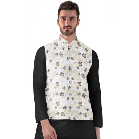 Roneclick Men's Jacquard Printed Full Sleeve Waistcoat (Beige)