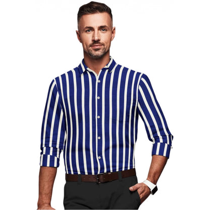 Roneclick Men's Cotton Blended Striped Full Sleeve Shirt (White-Blue)