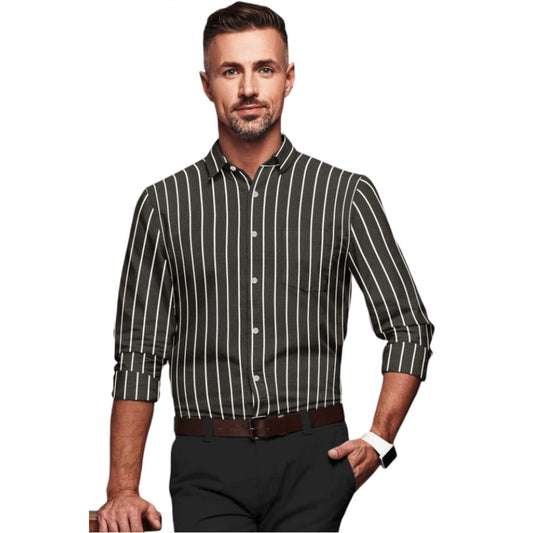 Roneclick Men's Cotton Blended Striped Full Sleeve Shirt (Black-White)