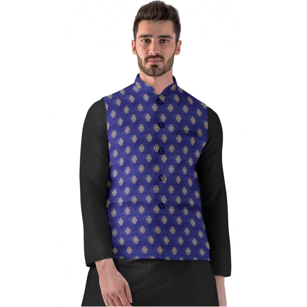 Roneclick Men's Jacquard Printed Full Sleeve Waistcoat (Blue)