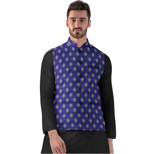 Roneclick Men's Jacquard Printed Full Sleeve Waistcoat (Blue)