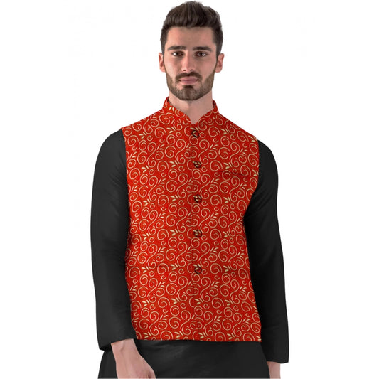 Roneclick Men's Jacquard Printed Full Sleeve Waistcoat (Red)