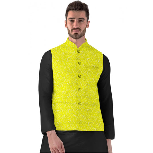 Roneclick Men's Jacquard Printed Full Sleeve Waistcoat (Yellow-Black)