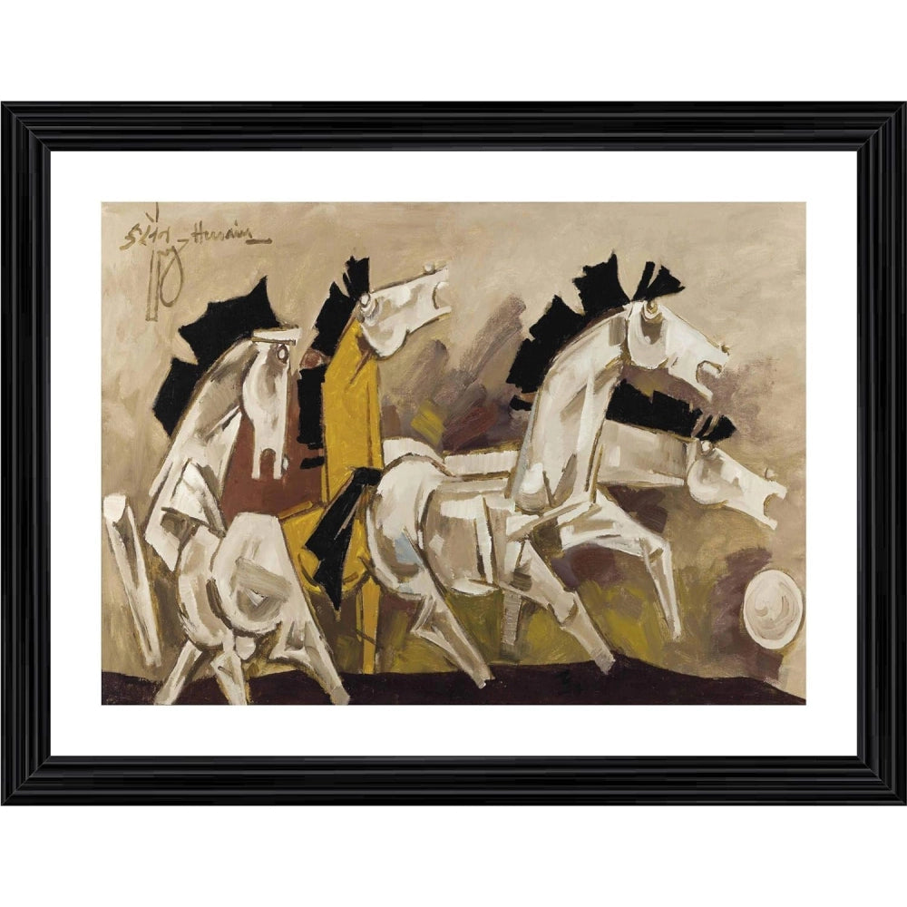 Roneclick Four Horses Painting With Wood Photo Frame (Multicolor)