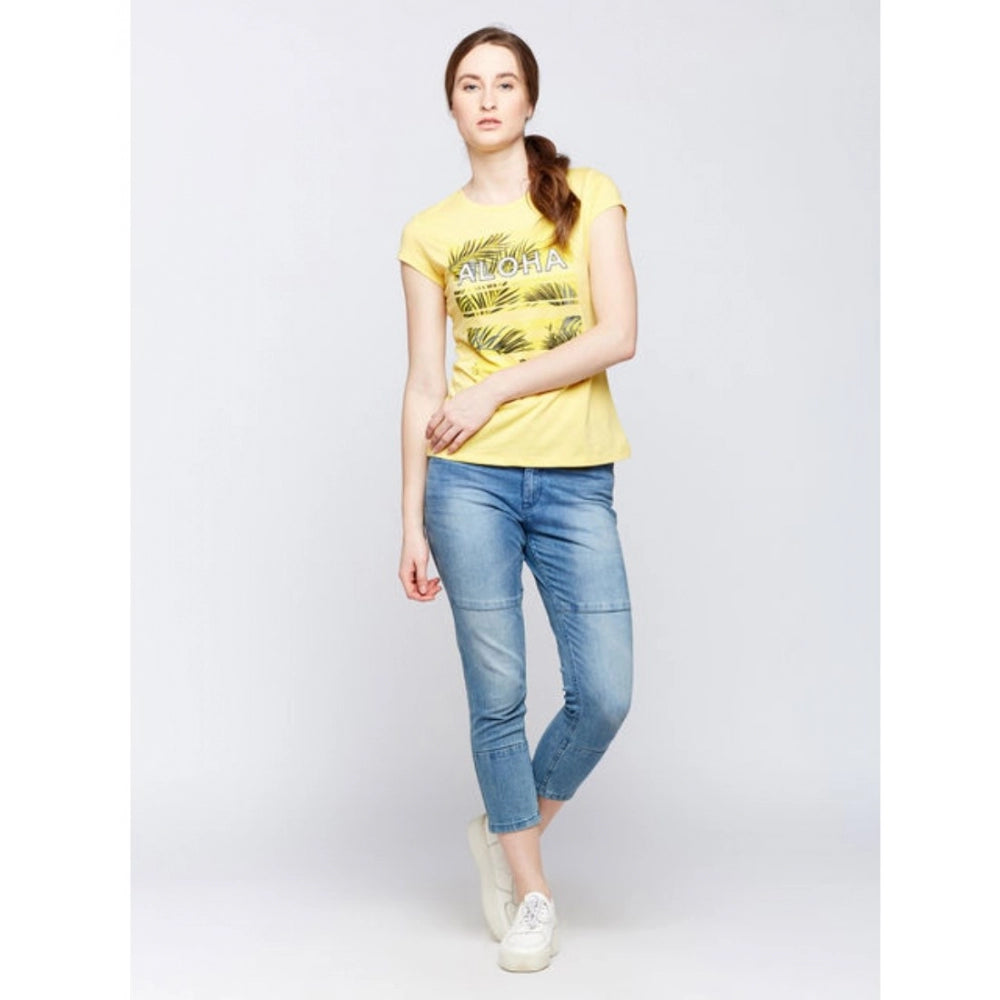 Roneclick Women's Cotton Printed Round Neck T.Shirt (Yellow)