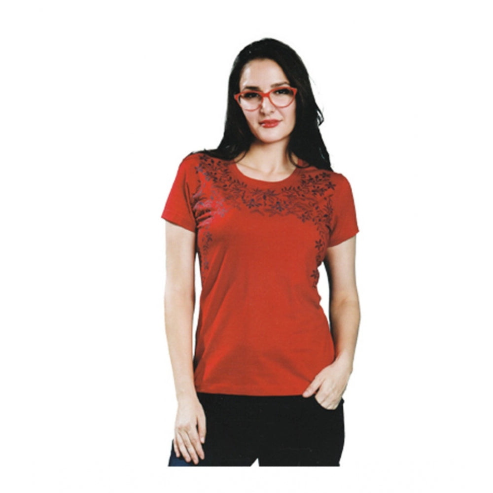 Roneclick Women's Cotton Printed Round Neck T.Shirt (Red)