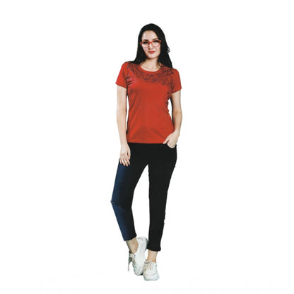 Roneclick Women's Cotton Printed Round Neck T.Shirt (Red)