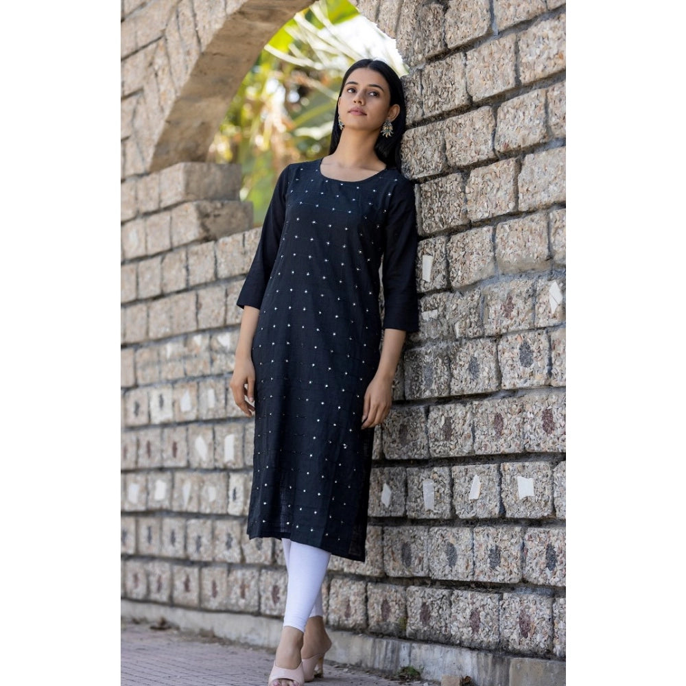 Roneclick Women's Cotton Solid 3/4 Sleeve Round Neck Kurti (Black)