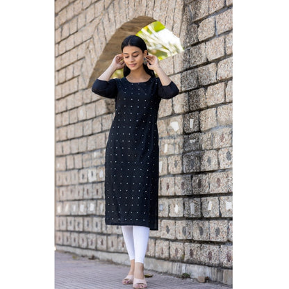 Roneclick Women's Cotton Solid 3/4 Sleeve Round Neck Kurti (Black)