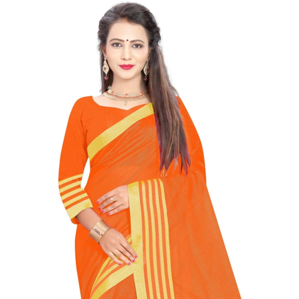 Roneclick Women's Jacquard Striped Saree With Unstitched Blouse 5.5Mtr (Orange)