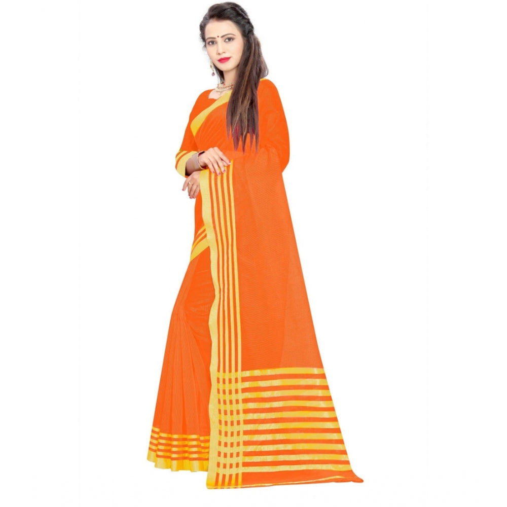 Roneclick Women's Jacquard Striped Saree With Unstitched Blouse 5.5Mtr (Orange)