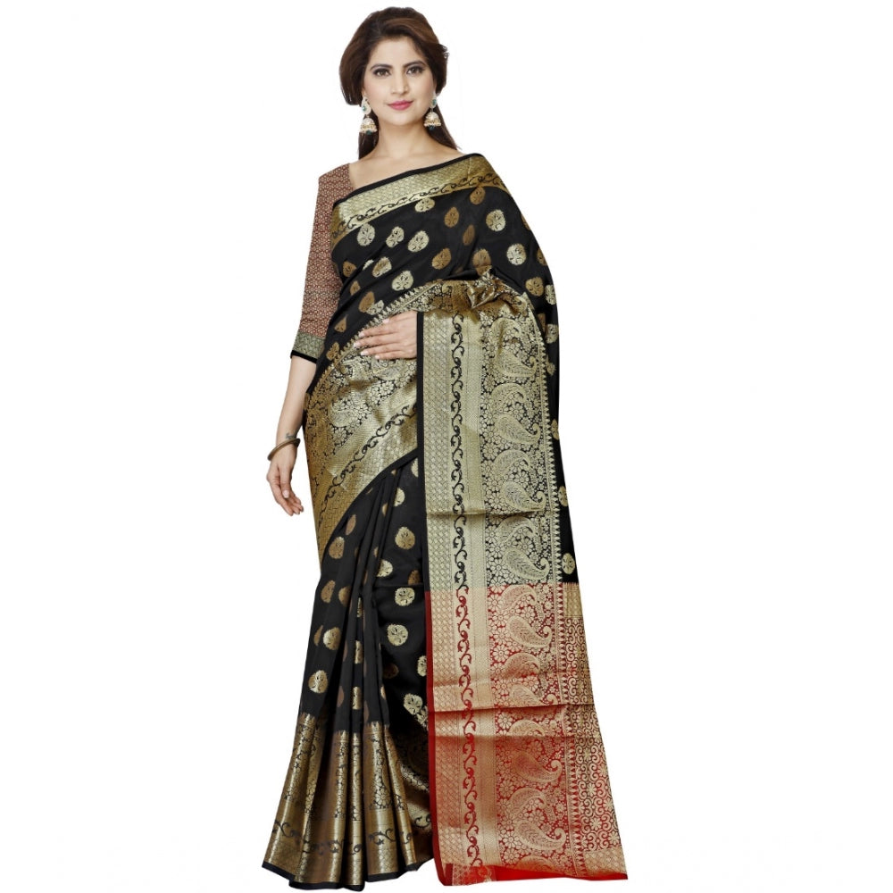 Roneclick Women's Jacquard Woven Saree With Unstitched Blouse 5.5Mtr (Black)