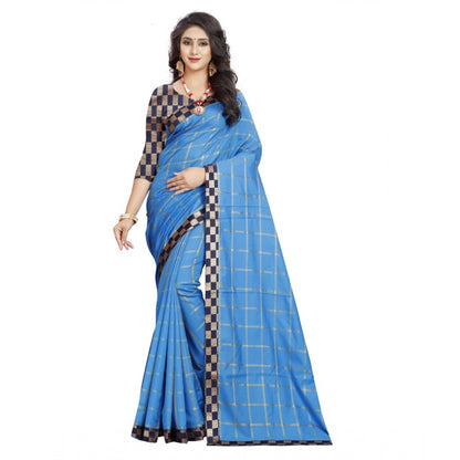 Roneclick Women's Cotton Silk Checkered Saree With Unstitched Blouse 5.5Mtr (Light Blue)