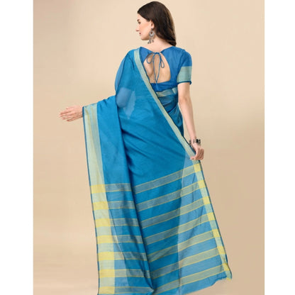 Roneclick Women's Cotton Silk Striped Saree With Unstitched Blouse 5.5Mtr (Light Blue)