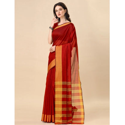 Roneclick Women's Cotton Silk Striped Saree With Unstitched Blouse 5.5Mtr (Red)