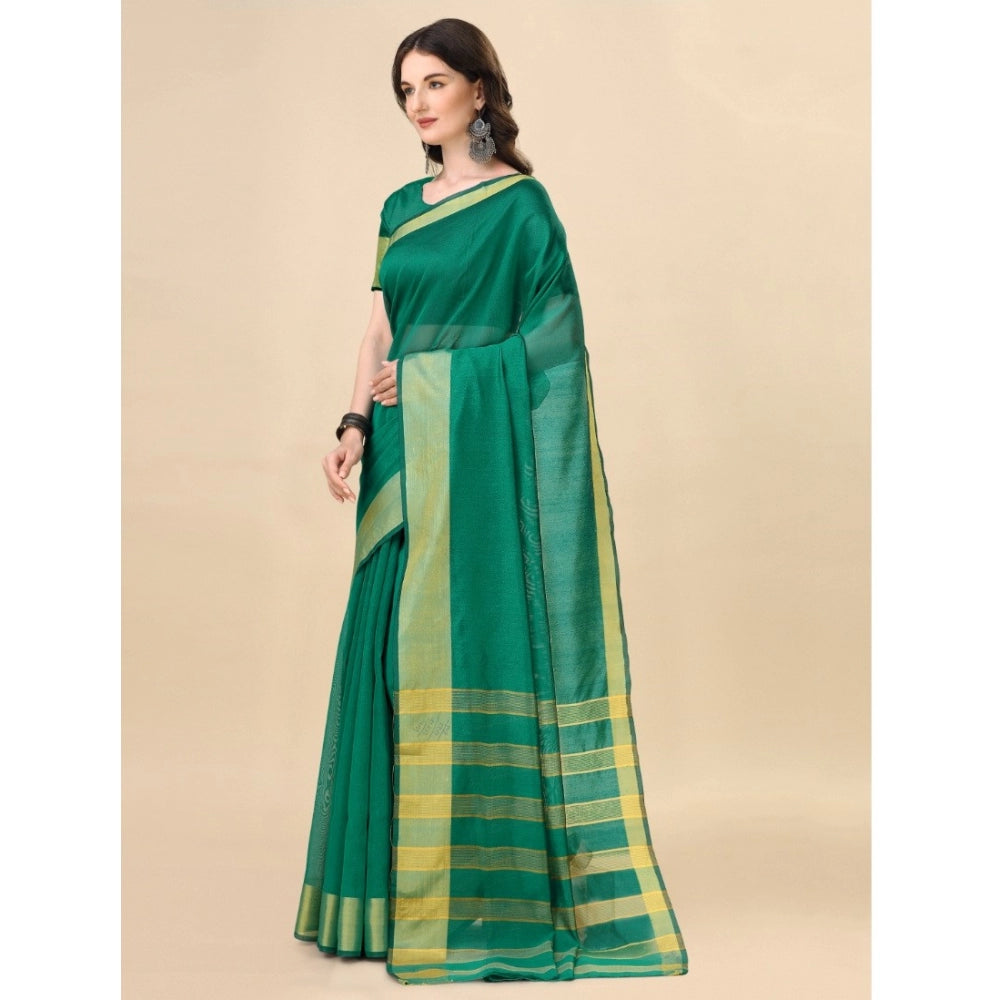 Roneclick Women's Cotton Silk Striped Saree With Unstitched Blouse 5.5Mtr (Light Green)