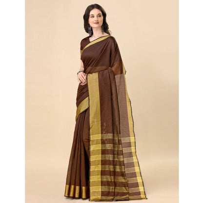 Roneclick Women's Cotton Silk Striped Saree With Unstitched Blouse 5.5Mtr (Brown)