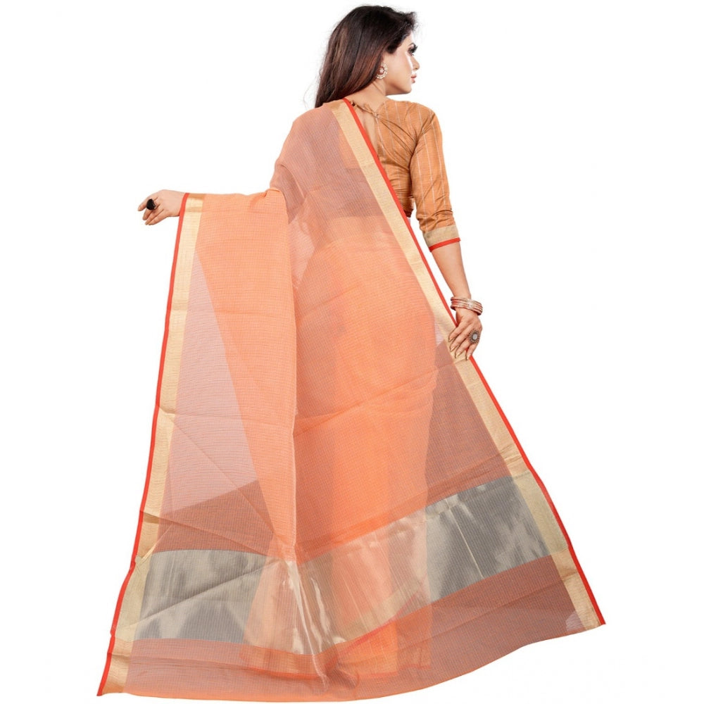 Roneclick Women's Cotton Silk Checkered Saree With Unstitched Blouse 5.5Mtr (Orange)