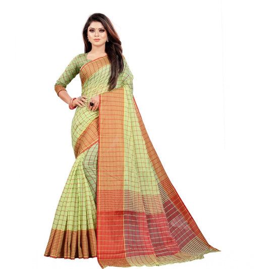 Roneclick Women's Cotton Silk Checkered Saree With Unstitched Blouse 5.5Mtr (Green)