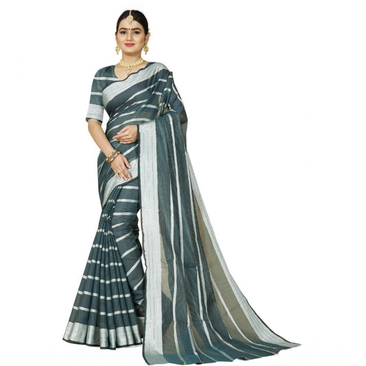 Roneclick Women's Cotton Silk Striped Saree With Unstitched Blouse 5.5Mtr (Dark Green)