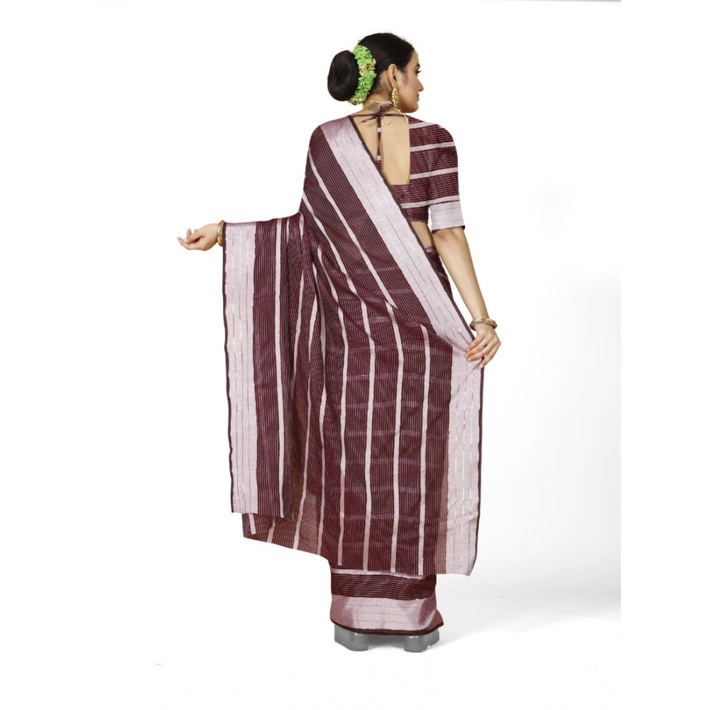 Roneclick Women's Cotton Silk Striped Saree With Unstitched Blouse 5.5Mtr (Maroon)