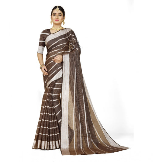 Roneclick Women's Cotton Silk Striped Saree With Unstitched Blouse 5.5Mtr (Brown)