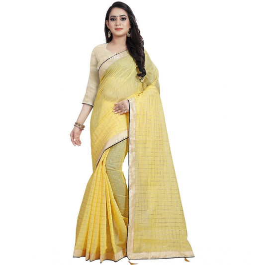 Roneclick Women's Cotton Silk Checkered Saree With Unstitched Blouse 5.5Mtr (Yellow)