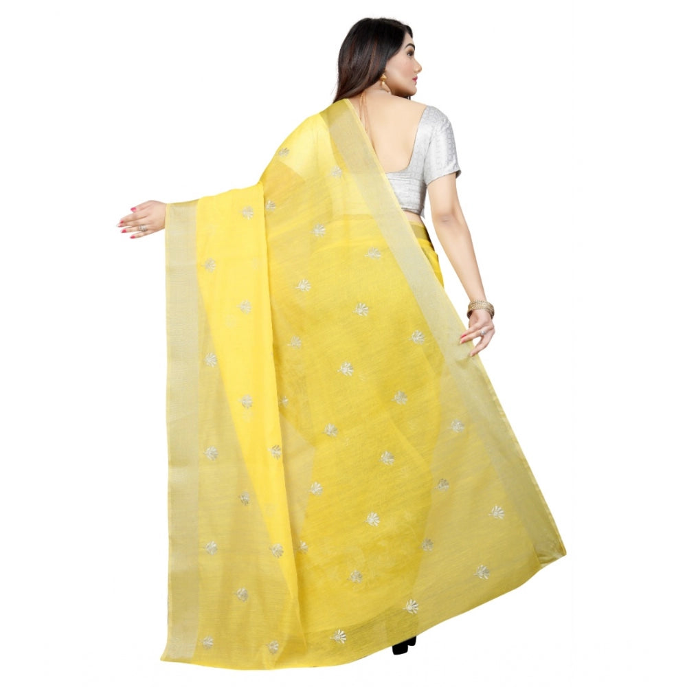 Roneclick Women's Cotton Silk Embroidered Saree With Unstitched Blouse 5.5Mtr (Yellow)