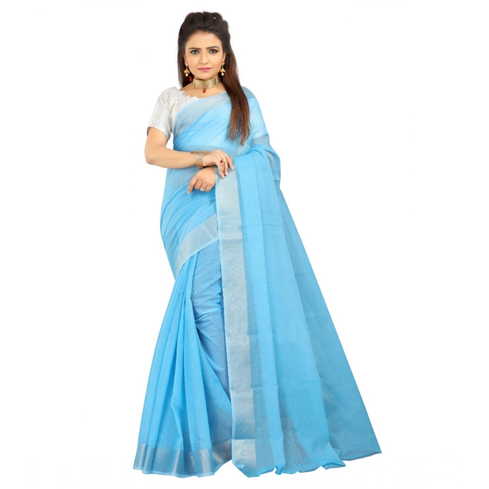 Roneclick Women's Cotton Silk Self Design Saree With Unstitched Blouse 5.5Mtr (Light Blue)