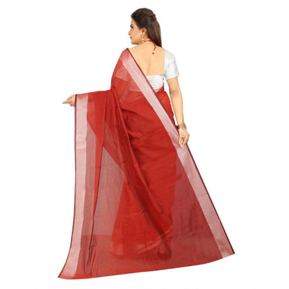 Roneclick Women's Cotton Silk Self Design Saree With Unstitched Blouse 5.5Mtr (Red)