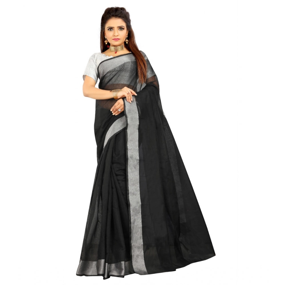 Roneclick Women's Cotton Silk Self Design Saree With Unstitched Blouse 5.5Mtr (Black)