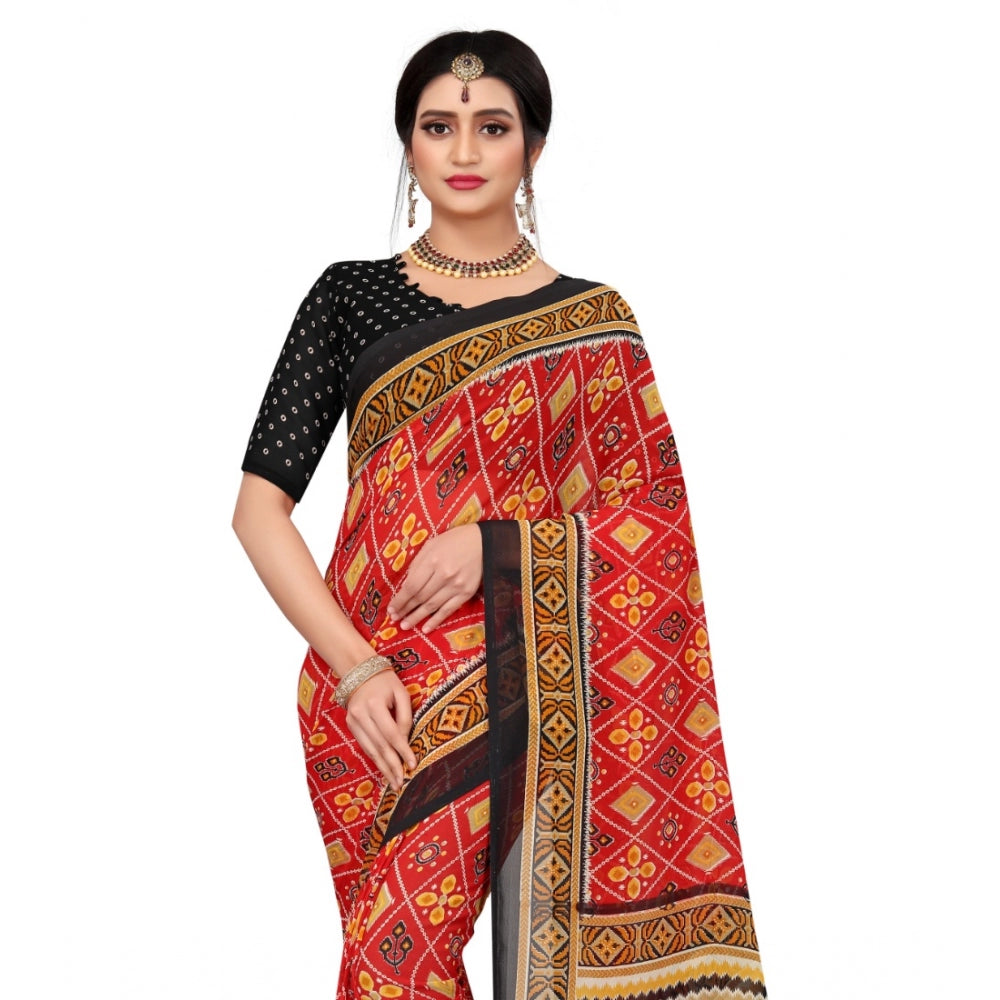 Roneclick Women's Georgette Floral Print Saree With Unstitched Blouse 5.5Mtr (Red)