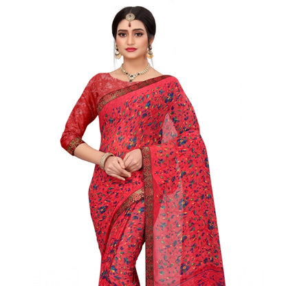 Roneclick Women's Georgette Floral Print Saree With Unstitched Blouse 5.5Mtr (Red)