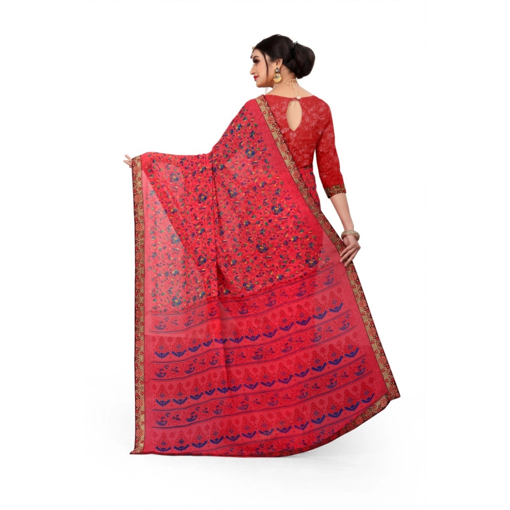 Roneclick Women's Georgette Floral Print Saree With Unstitched Blouse 5.5Mtr (Red)