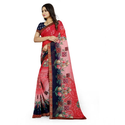 Roneclick Women's Georgette Floral Print Saree With Unstitched Blouse 5.5Mtr (Red-Blue)