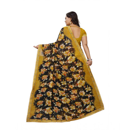 Roneclick Women's Georgette Floral Print Saree With Unstitched Blouse 5.5Mtr (Black-Mustard)