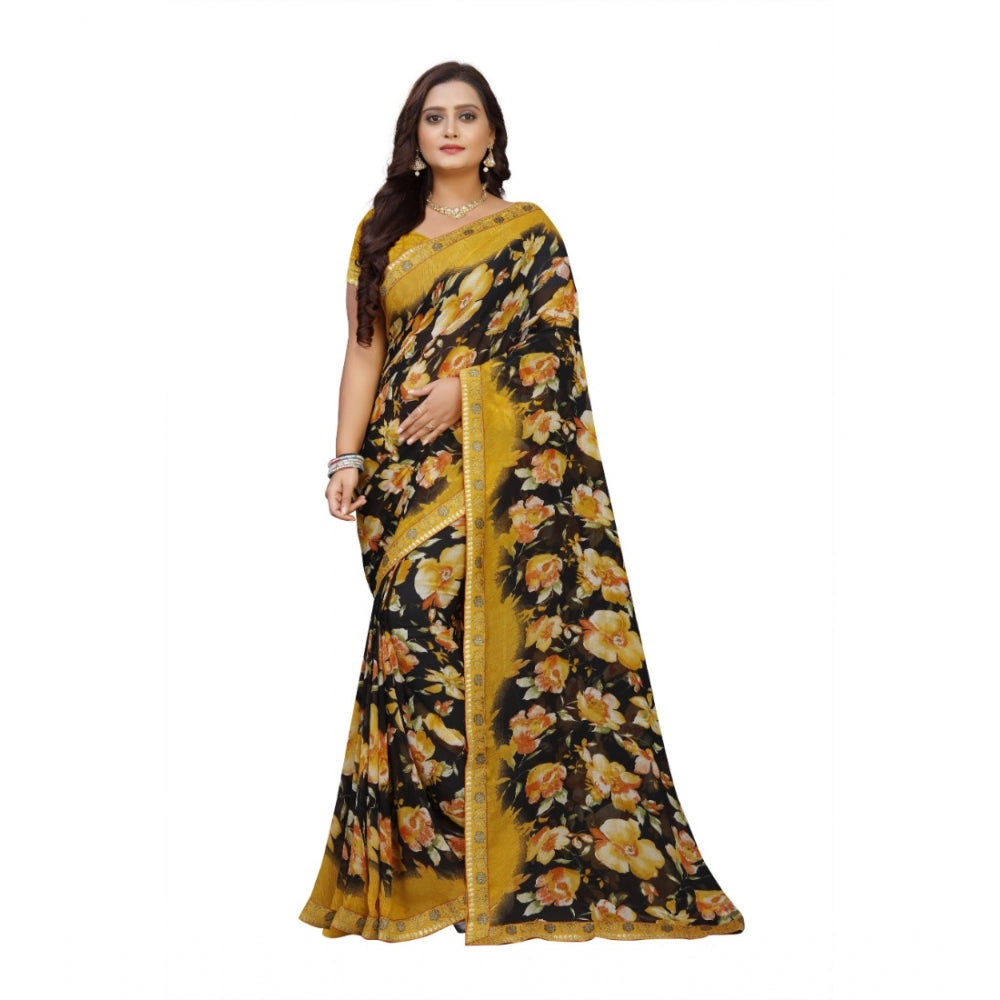 Roneclick Women's Georgette Floral Print Saree With Unstitched Blouse 5.5Mtr (Black-Mustard)