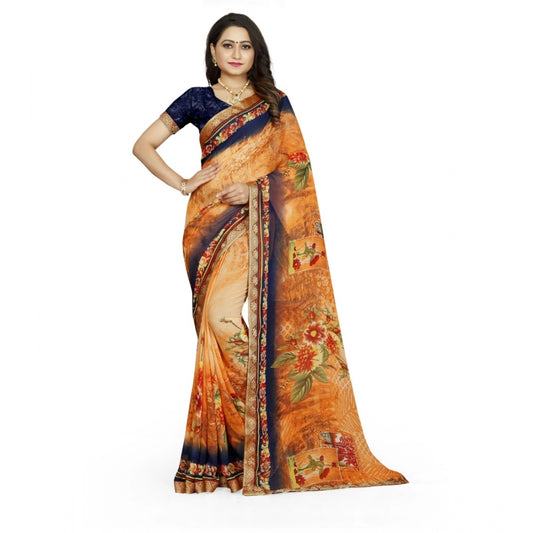 Roneclick Women's Georgette Floral Print Saree With Unstitched Blouse 5.5Mtr (Blue-Orange)