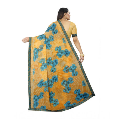 Roneclick Women's Georgette Floral Print Saree With Unstitched Blouse 5.5Mtr (Blue-Orange)