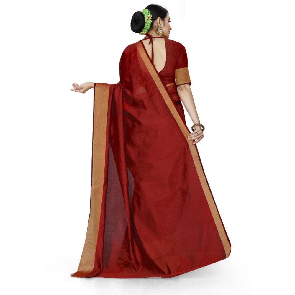 Roneclick Women's Cotton Silk Self Design Saree With Unstitched Blouse 5.5Mtr (Red)