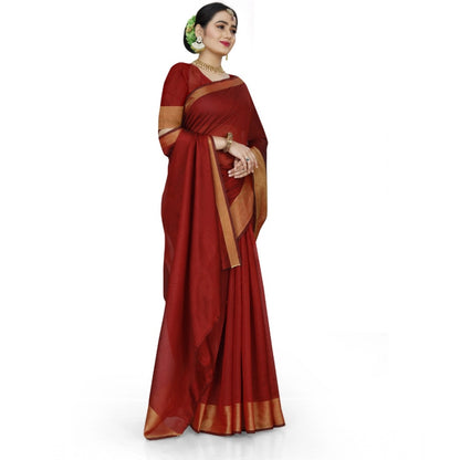 Roneclick Women's Cotton Silk Self Design Saree With Unstitched Blouse 5.5Mtr (Red)