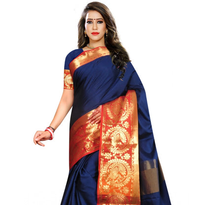 Roneclick Women's Jacquard Woven Saree With Unstitched Blouse 5.5Mtr (Dark Blue)