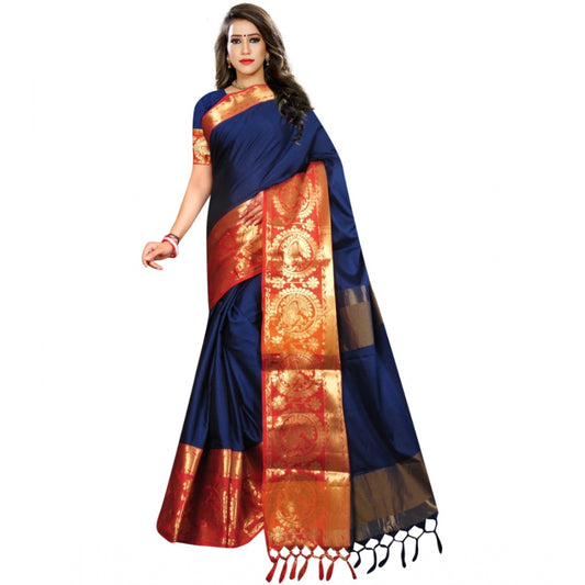 Roneclick Women's Jacquard Woven Saree With Unstitched Blouse 5.5Mtr (Dark Blue)