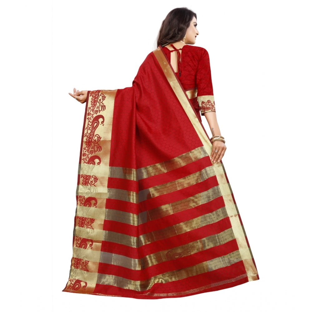 Roneclick Women's Jacquard Woven Saree With Unstitched Blouse 5.5Mtr (Red)