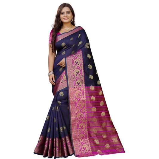 Roneclick Women's Silk Blend Woven Saree With Unstitched Blouse 5.5Mtr (Dark Blue-Pink)