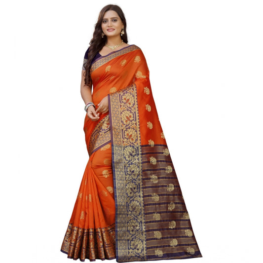 Roneclick Women's Silk Blend Woven Saree With Unstitched Blouse 5.5Mtr (Gold-Orange)