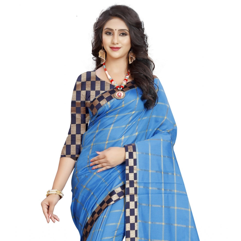 Roneclick Women's Cotton Silk Checkered Saree With Unstitched Blouse 5.5Mtr (Light Blue)