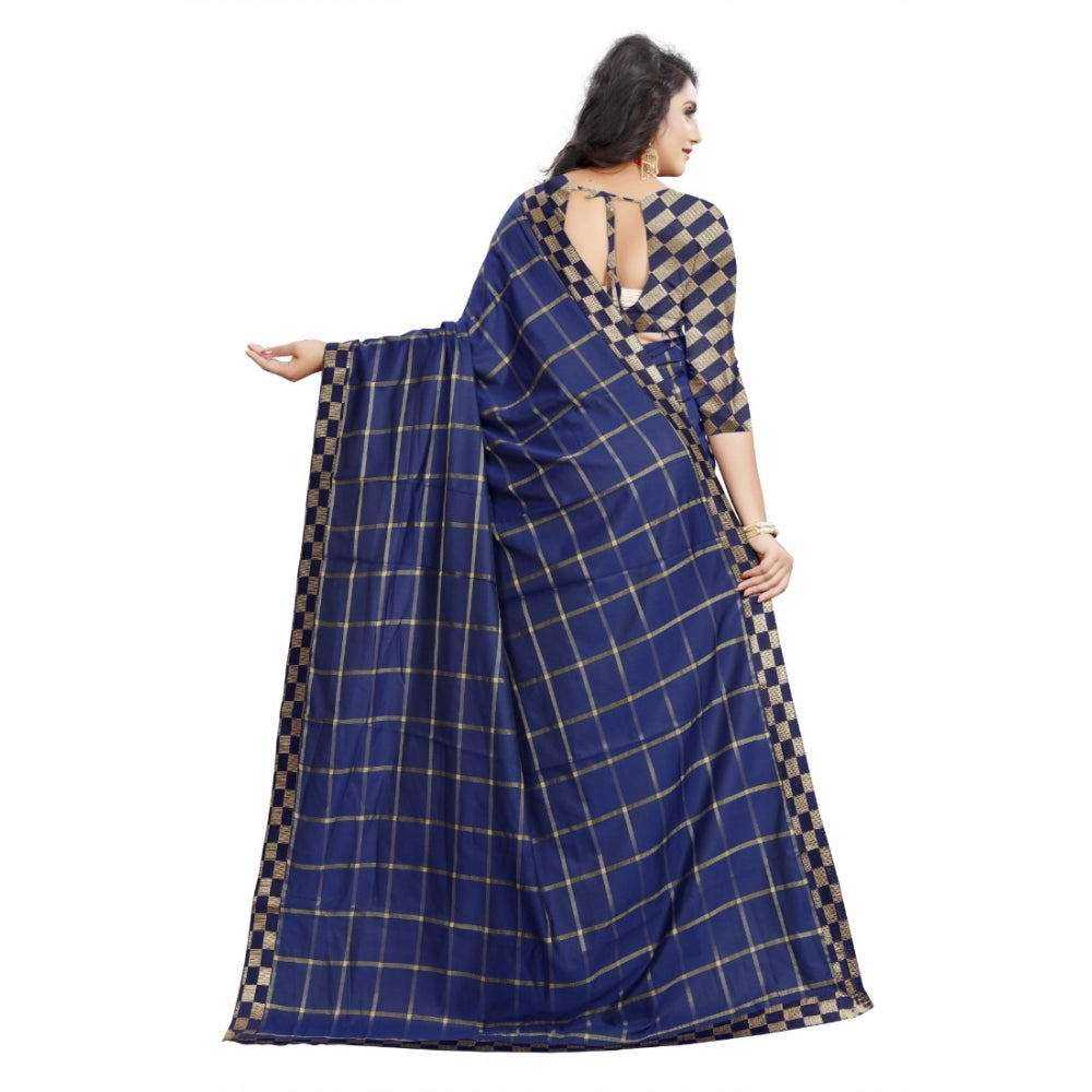 Roneclick Women's Cotton Silk Checkered Saree With Unstitched Blouse 5.5Mtr (Dark Blue)