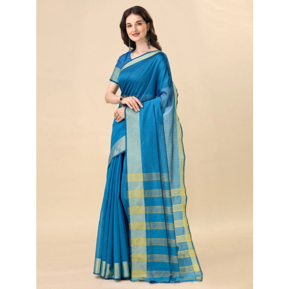 Roneclick Women's Cotton Silk Striped Saree With Unstitched Blouse 5.5Mtr (Light Blue)