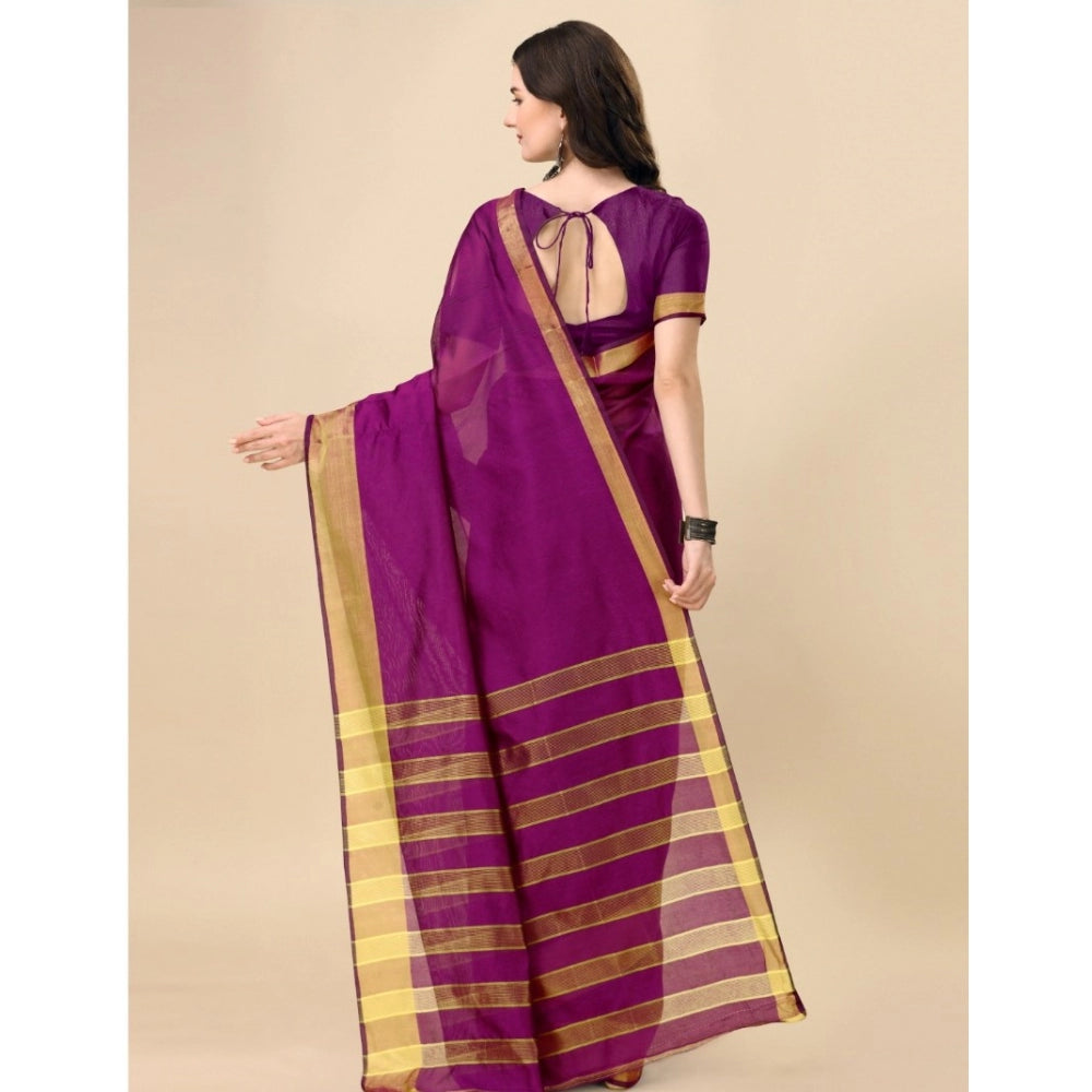 Roneclick Women's Cotton Silk Striped Saree With Unstitched Blouse 5.5Mtr (Purple)